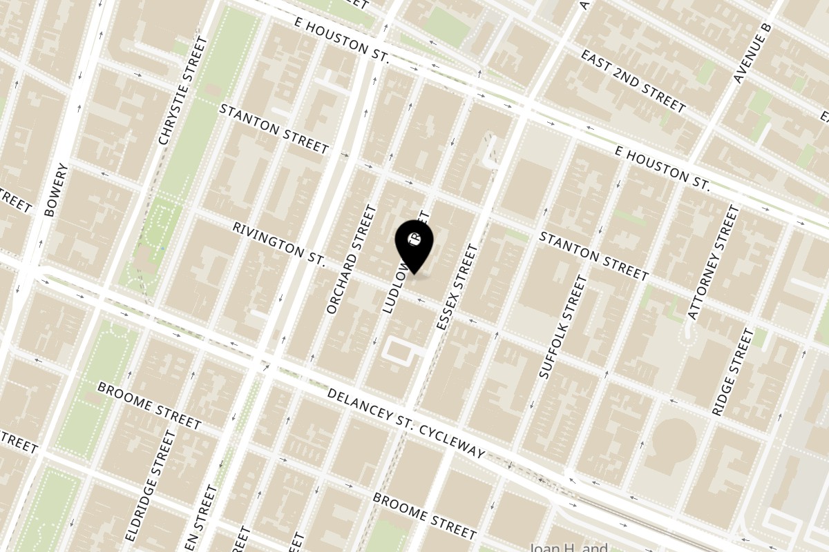 Map showing the location of Blue Road Burger on 134 Ludlow St in New York